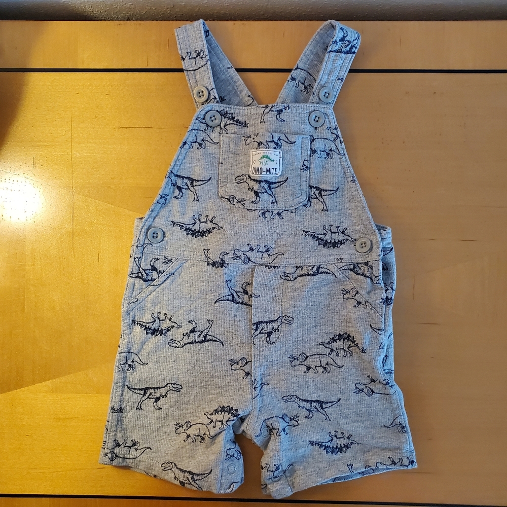 Knit dinosaur print overalls